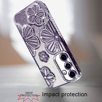 For Samsung Galaxy A16 Luxury Flower Design Sparkle Glitter Diamond Rhinestone Shimmer Bling Plating Thick TPU Hard PC Case Cover Flower Purple