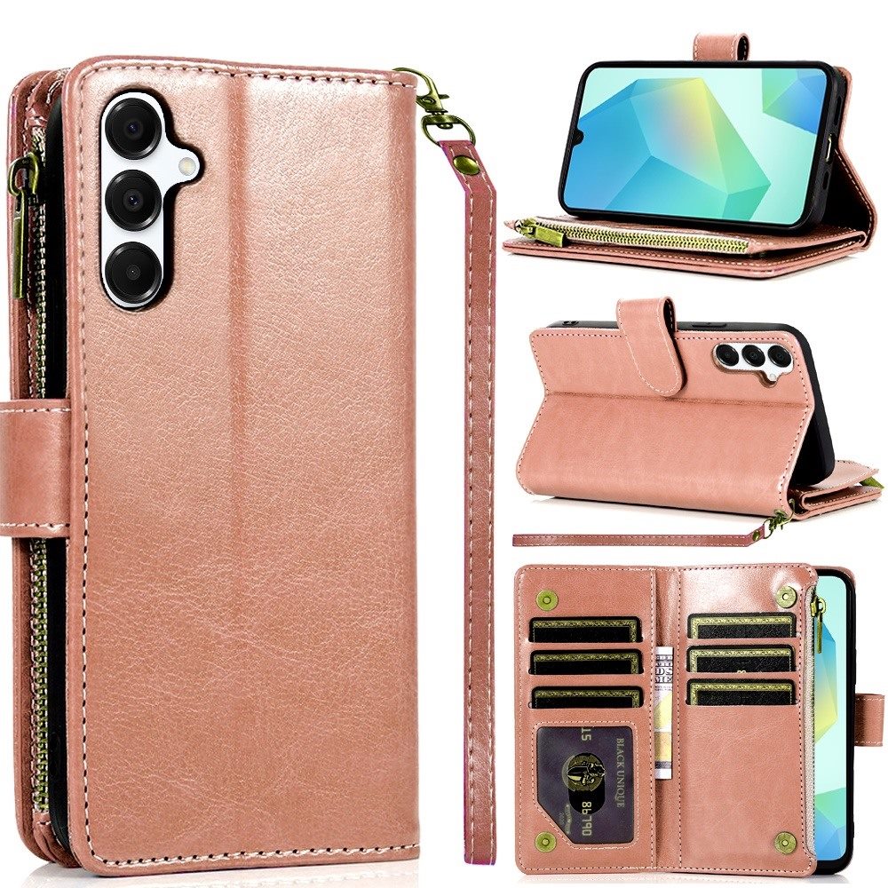 For Samsung Galaxy A16 5G PU Leather Zipper Wallet Case 9 Credit Card Slots Cash Money Pocket Clutch Pouch with Stand & Strap Case Cover Rose Gold
