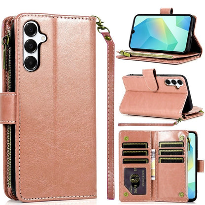 For Samsung Galaxy A16 5G PU Leather Zipper Wallet Case 9 Credit Card Slots Cash Money Pocket Clutch Pouch with Stand & Strap Case Cover Rose Gold