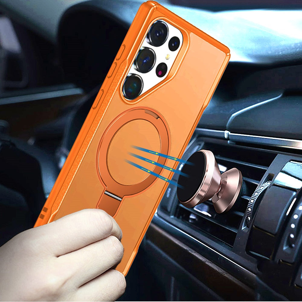 For Samsung Galaxy S25 Ultra Matte Finish Magnetic Ring Hybrid Protective Invisible Kickstand Magsafe Compatible Case Cover Cosmic Orange