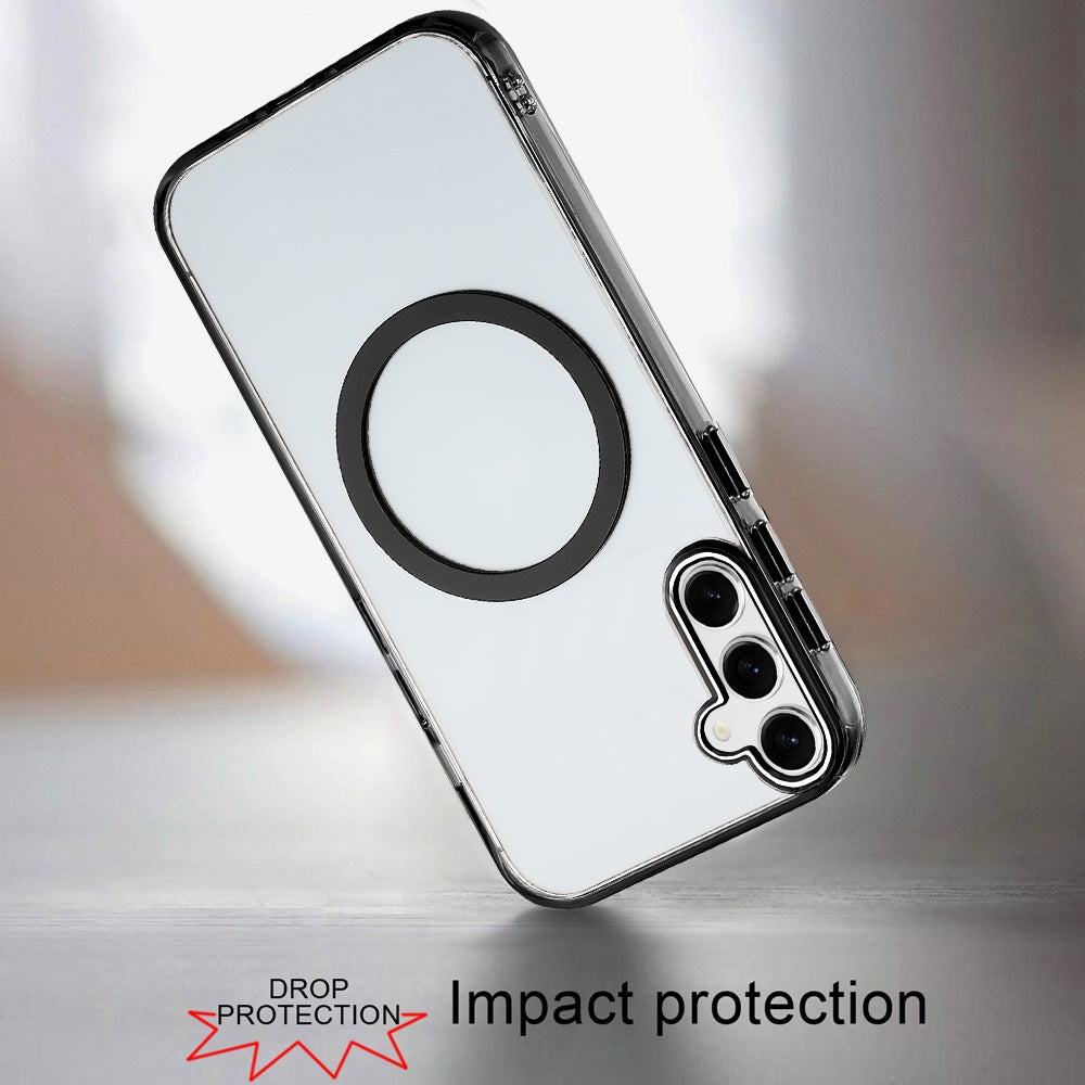 For Samsung Galaxy A37 Transparent Back Hybrid Case - Magnetic Circle, Color Frame, Metal Buttons, MagSafe Compatible Case Cover Black