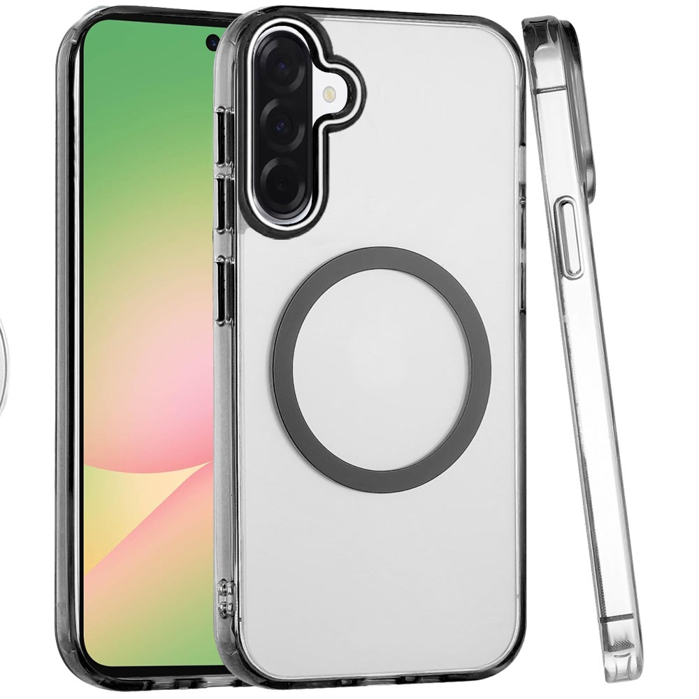 For Samsung Galaxy A57 Transparent Back Hybrid Case - Magnetic Circle, Color Frame, Metal Buttons, MagSafe Compatible Case Cover Black
