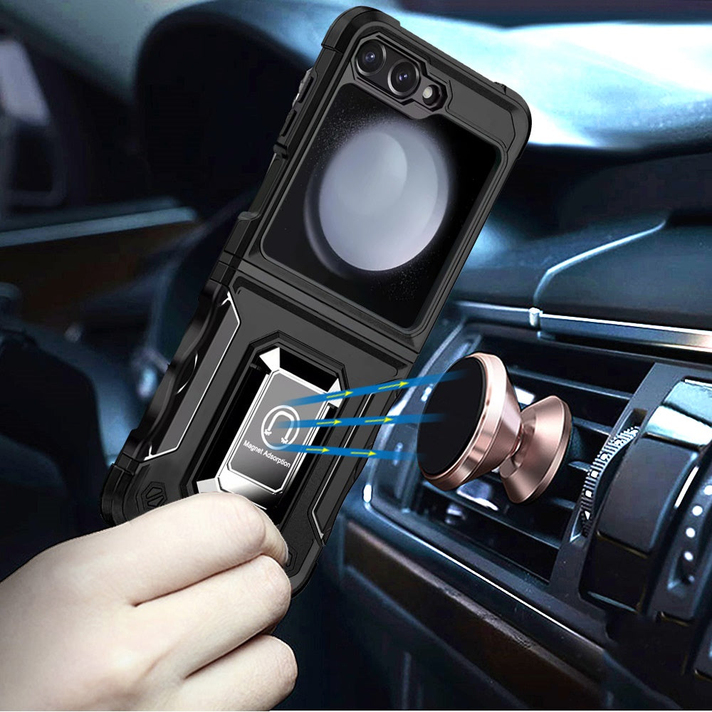 For Samsung Galaxy Z Flip 7 FE Hybrid Stand Magnetic Ring Holder Kickstand Heavy Duty Rugged Drop Silicone & Hard PC Shockproof Case Cover Black