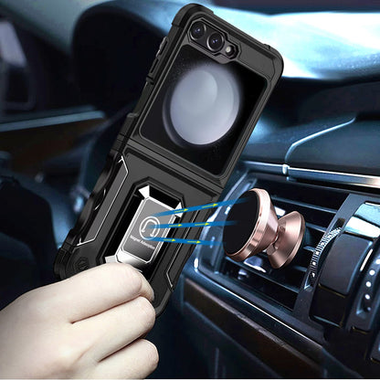 For Samsung Galaxy Z Flip 7 FE Hybrid Stand Magnetic Ring Holder Kickstand Heavy Duty Rugged Drop Silicone & Hard PC Shockproof Case Cover Black