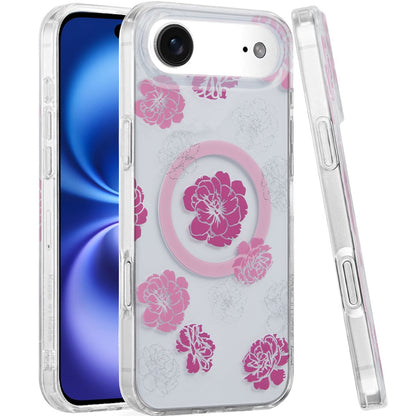 For Apple iPhone 17 Stylish Pattern Fashion IMD Printed Design TPU Double Layer Slim Shockproof with Magnetic Back Case Cover Hot Pink Flower