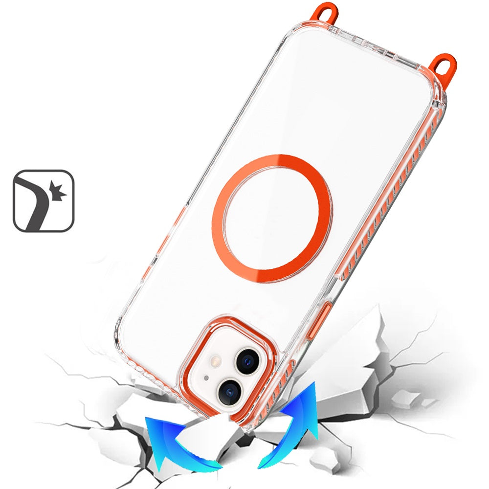 Phone Case for Apple iPhone 12 /12 Pro Transparent Magnetic Lanyard Shockproof Hybrid Clear Grip Durable Camera Protection TPU Anti-Slip Design Cover Cosmic Orange