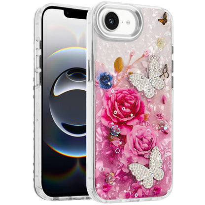 For Apple iPhone 16e Epoxy Glitter Flowers Bling 3D Butterfly Fashion TPU Hybrid with Shockproof Protection Case Cover
