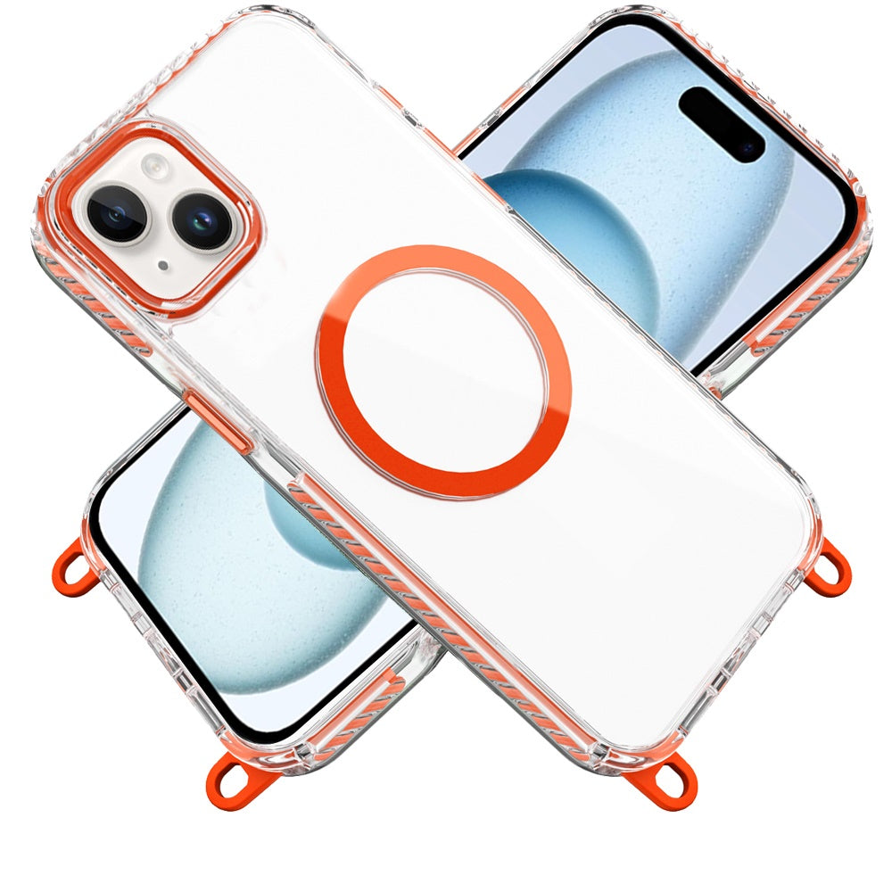 Phone Case for iPhone 15 Plus (6.7") Transparent Magnetic Lanyard Shockproof Hybrid Clear Grip Durable Camera Protection TPU Anti-Slip Design Cover Cosmic Orange