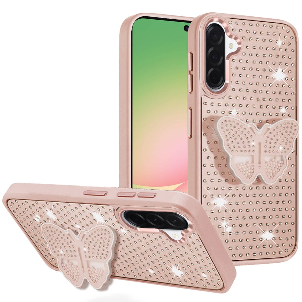 For Samsung Galaxy A37 Butterfly Moveable Grip 3D Pop Stand Full Diamond Bling Sparkling TPU Fashion Hybrid Case Cover