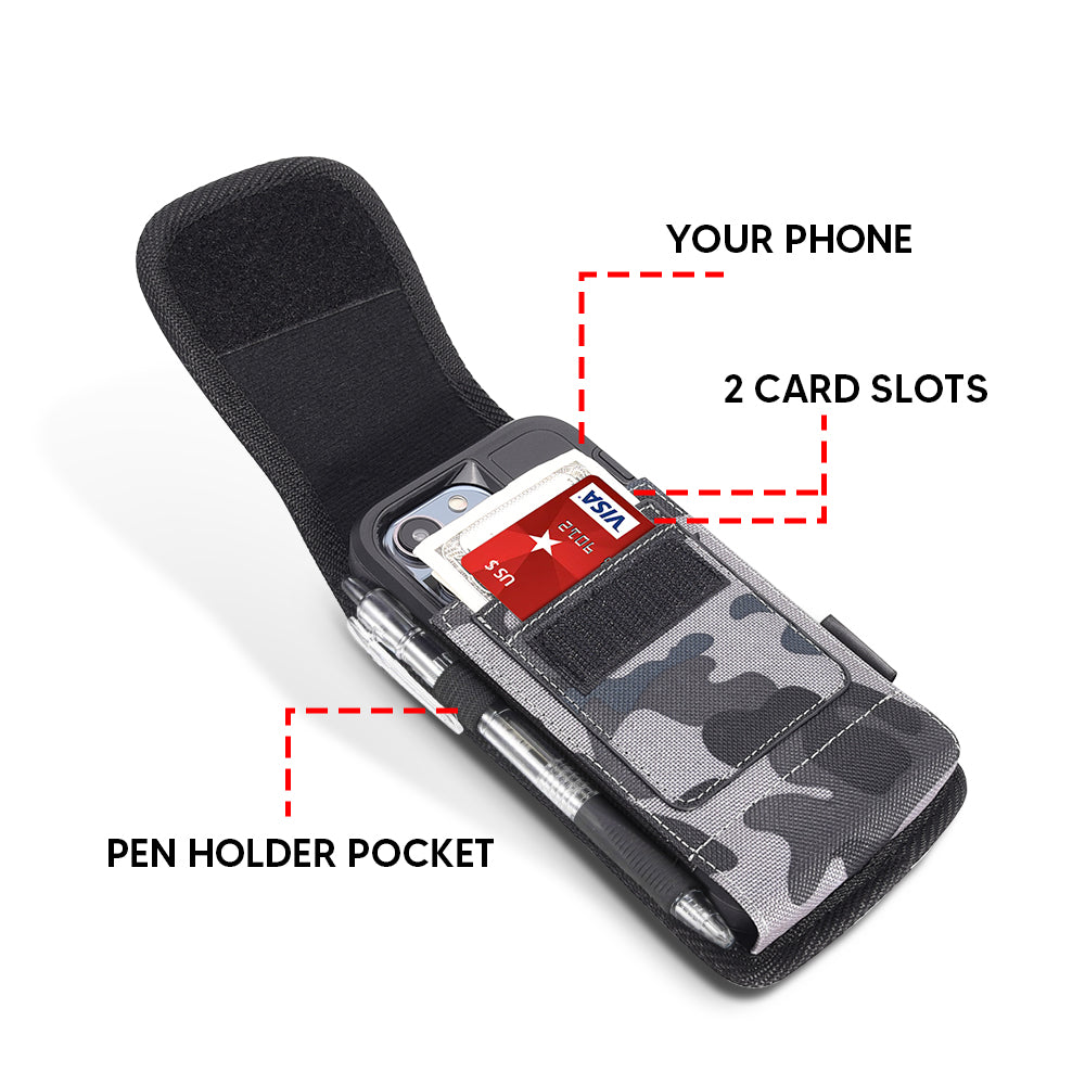 For Apple iPhone 16 Pro (6.3") Universal Pouch Case Vertical Phone Holster Camo Print with Card Slots, Pen Holder, Belt Clip Loop & Hook Cover [Grey Blue Camouflage]
