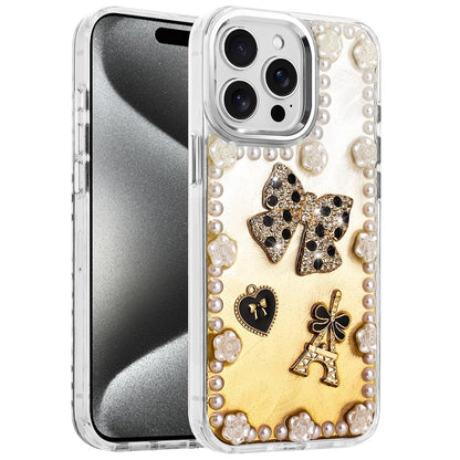 For Apple iPhone 16 Pro Max Bling Fashion Design with 3D Pearls Epoxy Glitter Ornaments Chrome Edge Hard Slim PC Case Cover