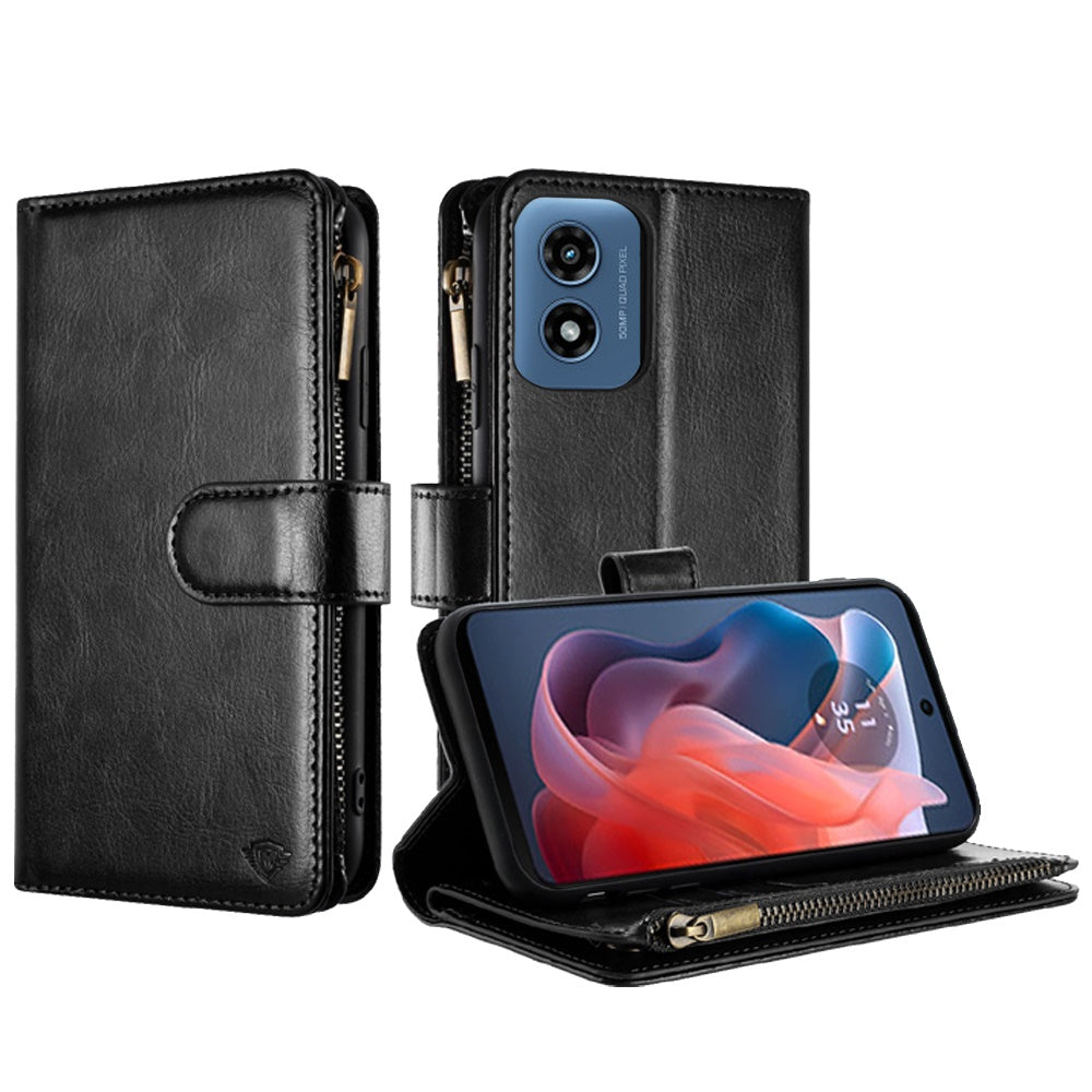 For Apple iPhone 16 Pro (6.3") Premium Leather Zipper Wallet with Credit Card Slots Money Pocket Luxury Clutch Pouch Stand & Strap Case Cover Black