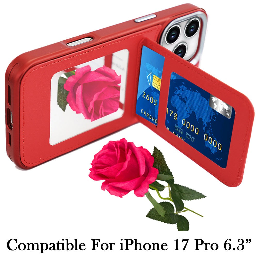 For Apple iPhone 17 Pro (6.3") PU Leather Wallet Cover with Credit Card Holder, Kickstand & Mirror Inside Slim Fit TPU & PC Hybrid Design Case Cover