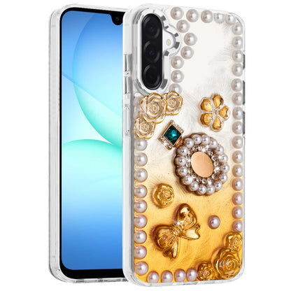 For Samsung Galaxy A17 5G Bling Fashion Design with 3D Pearls Epoxy Glitter Ornaments Chrome Edge Hard Slim PC Case Cover Fashion Yellow