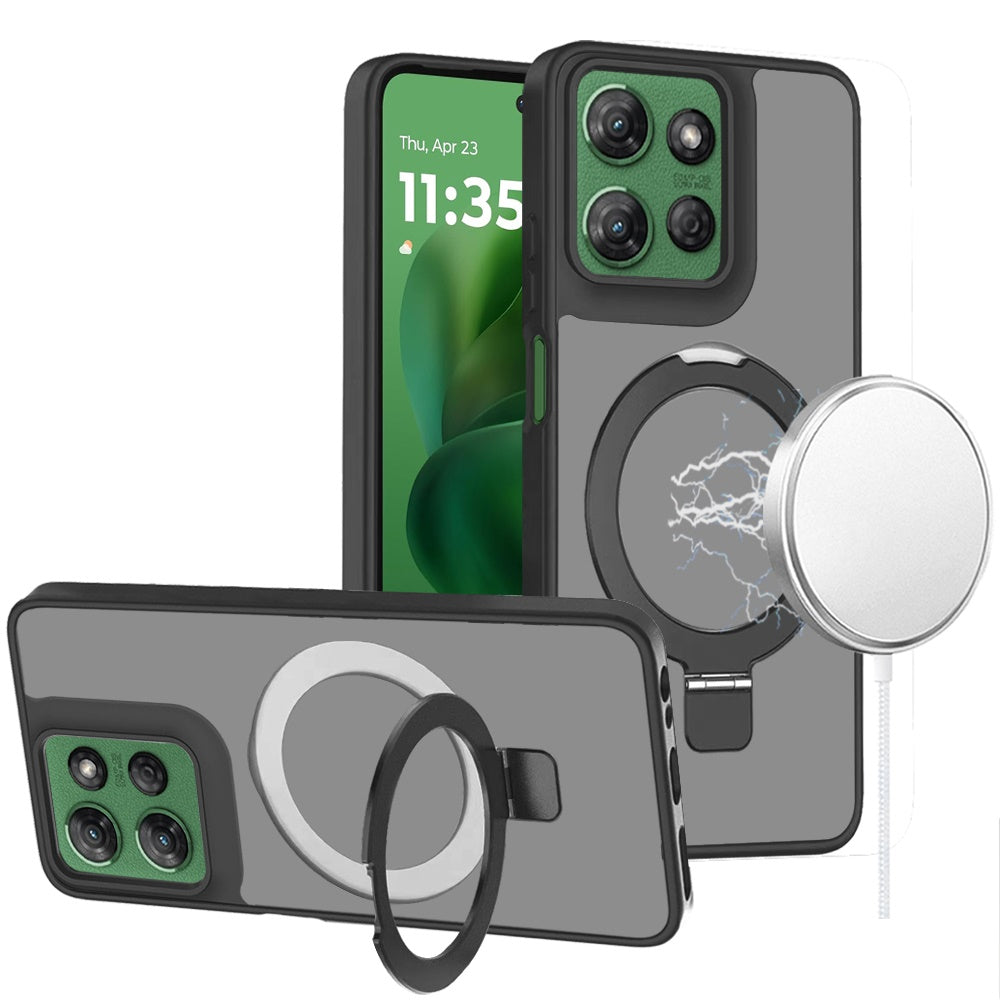 For Motorola Moto G Power 5G 2025 Magnetic Circle Back with Ring Stand Full Rotation Matte Hybrid Shockproof Case Cover Black