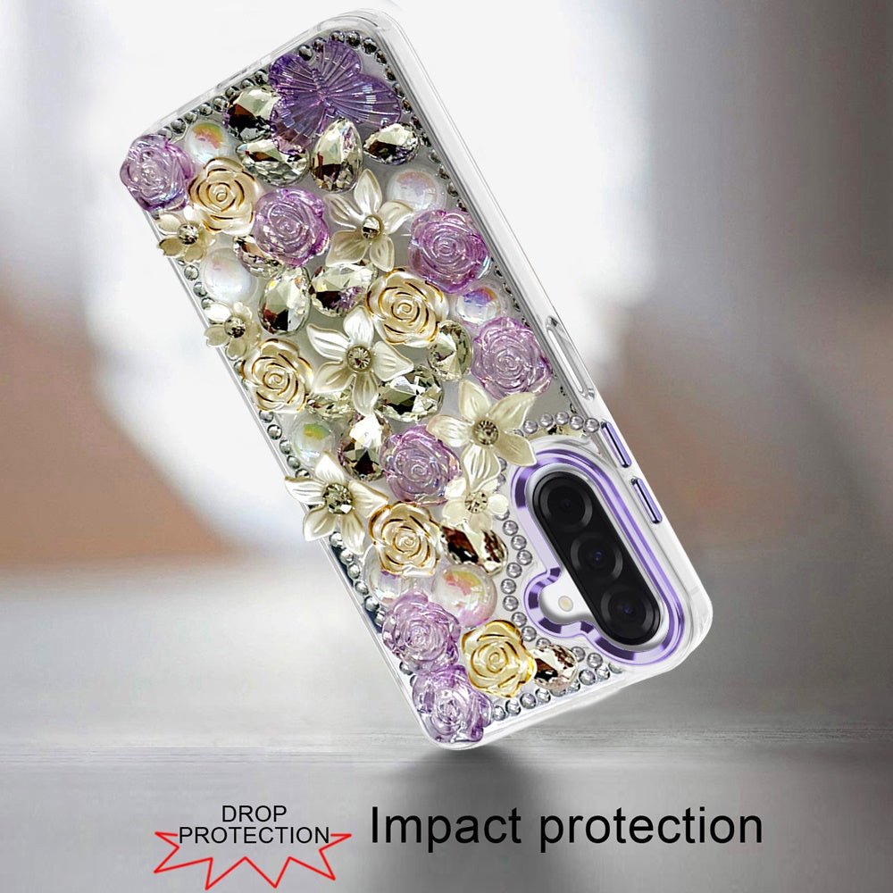 3D Diamond Floral Roses Flower Bling Stone Hybrid, Sparkly Rhinestone Gemstone Back Shockproof