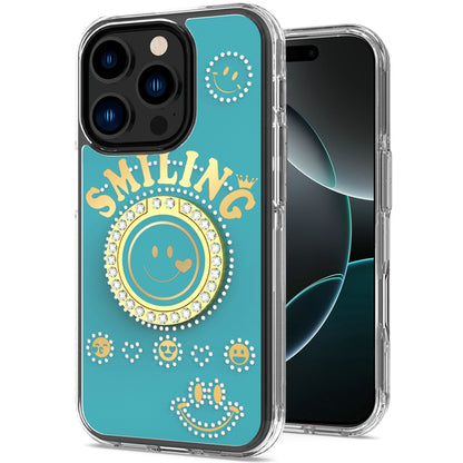 For Apple iPhone 16 Pro Max (6.9") Smiling Glitter Ornament Bling Sparkle with Ring Stand Hybrid Slim TPU + Hard Back Shell Case Cover