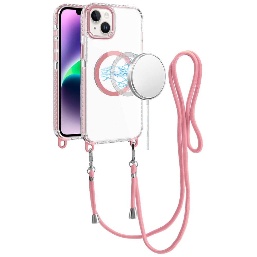 For iPhone 14/13 (6.1") Clear Magnetic Frame PC Back Shockproof Protective Case with Detachable Lanyard Strap, Compatible with MagSafe Case Cover White