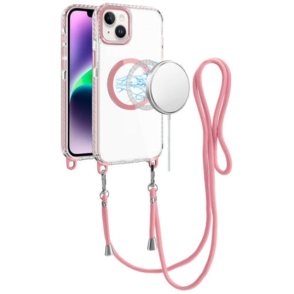 For iPhone 14/13 (6.1") Clear Magnetic Frame PC Back Shockproof Protective Case with Detachable Lanyard Strap, Compatible with MagSafe Case Cover White