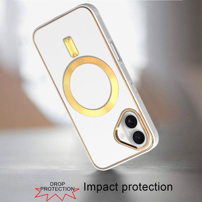 For Apple iPhone 16 Plus (6.7") PU Leather Magnetic Case Slim Protective Cover with MagSafe Compatibility Hard PC Gold Frame Protection Case Cover