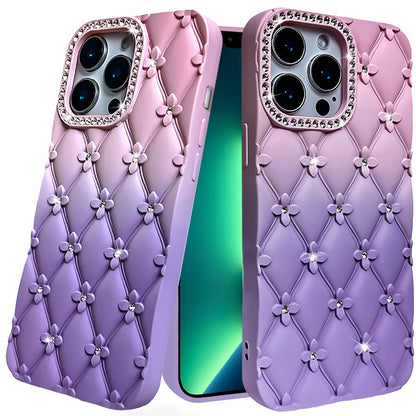 For Apple iPhone 13 Pro Fashion Flower Design Sparkle Glitter Shimmer Rhinestone Bling Floral Accents, Leather Texture TPU Case Cover Light Pink/Light Purple