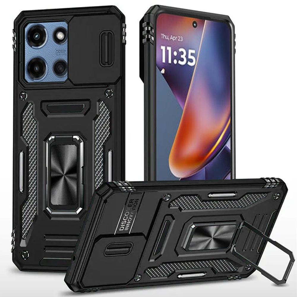 For Motorola Moto G 5G 2025 Tough Hybrid Case with Movable Camera Window & Metal Ring Stand Shockproof Case Cover