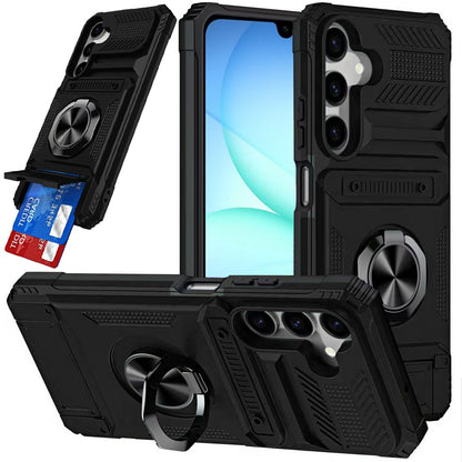 Phone Case for Samsung Galaxy A17 5G Multi Functional Card Slot Shockproof Metal Ring Hybrid Wallet Rugged Protective Grip Heavy Duty Durable Cover