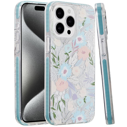 For Apple iPhone 15 Pro Max (6.7") Floral Pattern Design Cute Clear Hybrid Compatible with Magsafe Double Layer Soft TPU Hard PC Case Cover