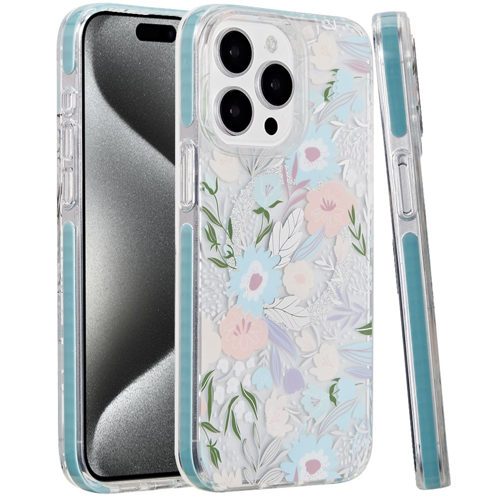 For Apple iPhone 16 Pro (6.3") Floral Pattern Design Cute Clear Hybrid Compatible with Magsafe Double Layer Soft TPU Hard PC Case Cover