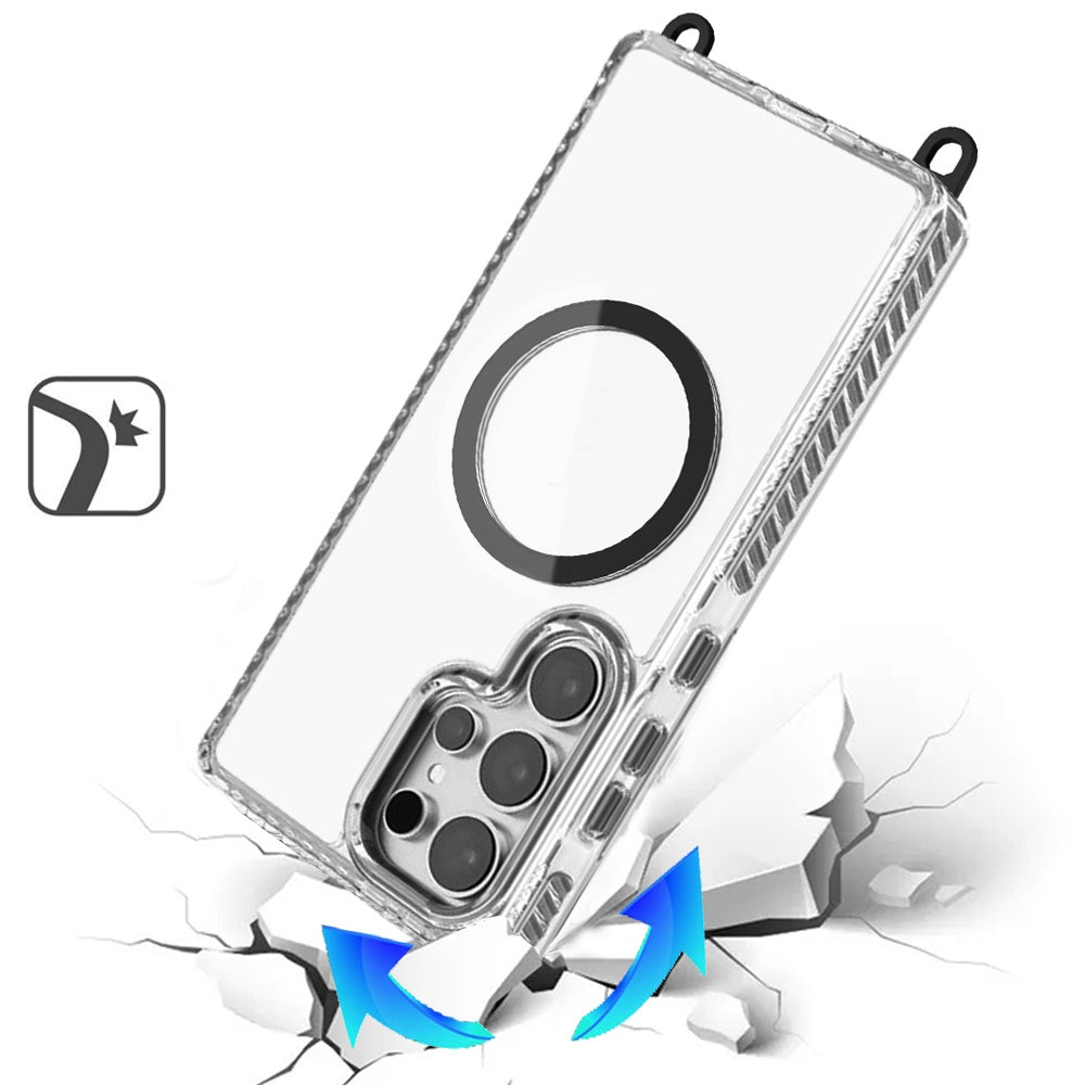 For Samsung Galaxy S24 Ultra Clear Magnetic Frame PC Back Shockproof Protective Case with Detachable Lanyard Strap, Compatible with MagSafe Case Cover