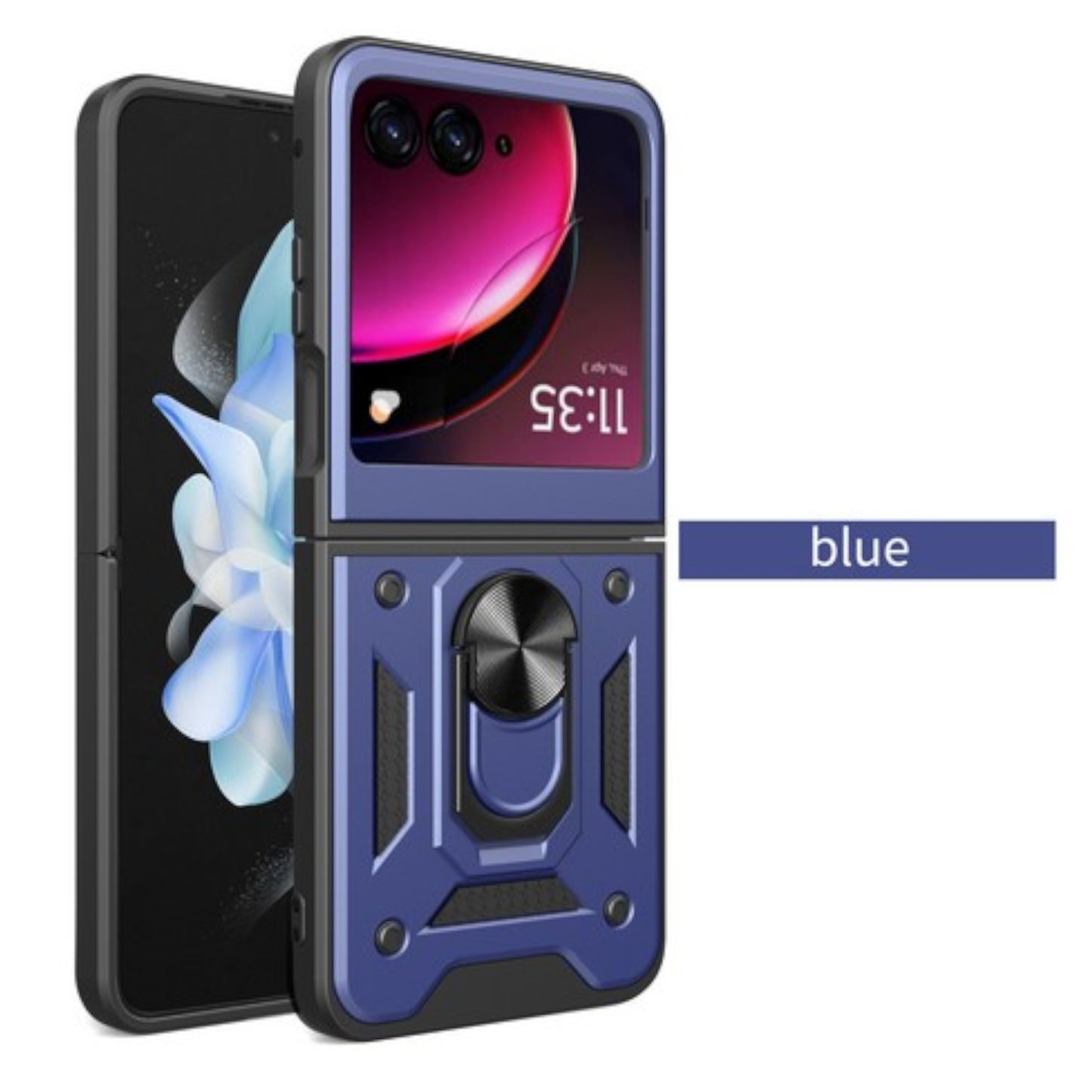 For Motorola Razr+ 2025, Motorola Razr+ Plus (2025) Shockproof Hybrid Dual Layer PC + TPU with Metal Ring Kickstand Heavy Duty Armor Shell Case Cover Blue