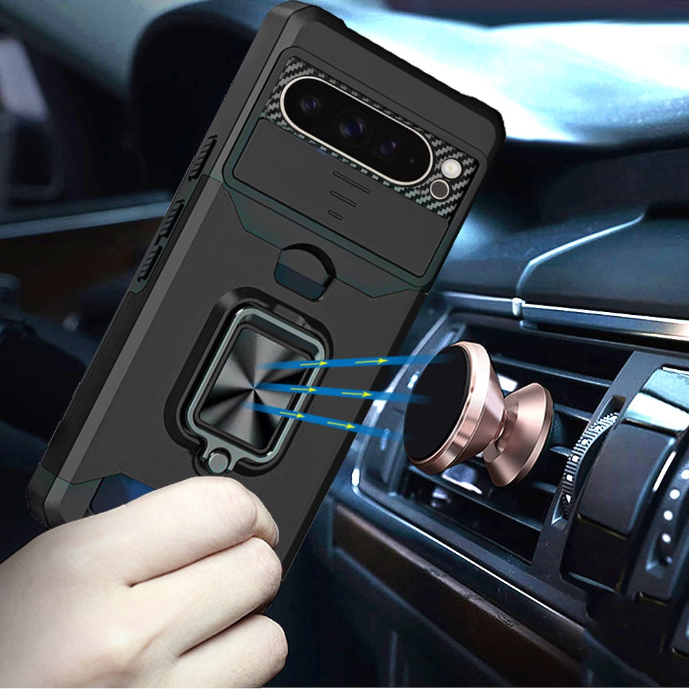 For Google Pixel 9 Pro XL Wallet Case with Ring Stand & Slide Camera Cover Back Credit Card Slot Holder, Military Grade Case Cover