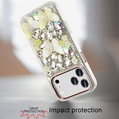 For Apple iPhone 17 Pro Max (6.9") 3D Diamond Floral Butterfly Bling Stone Hybrid, Sparkly Rhinestone Gemstone Back Shockproof Case Cover Rose Gold