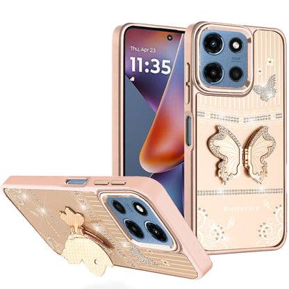 For Motorola Moto G 5G 2026/2025 Glitter 3D Butterfly Design Bling Metallic Edge Hybrid Stand Drop Protection TPU Shockproof Case Cover Cosmic Orange