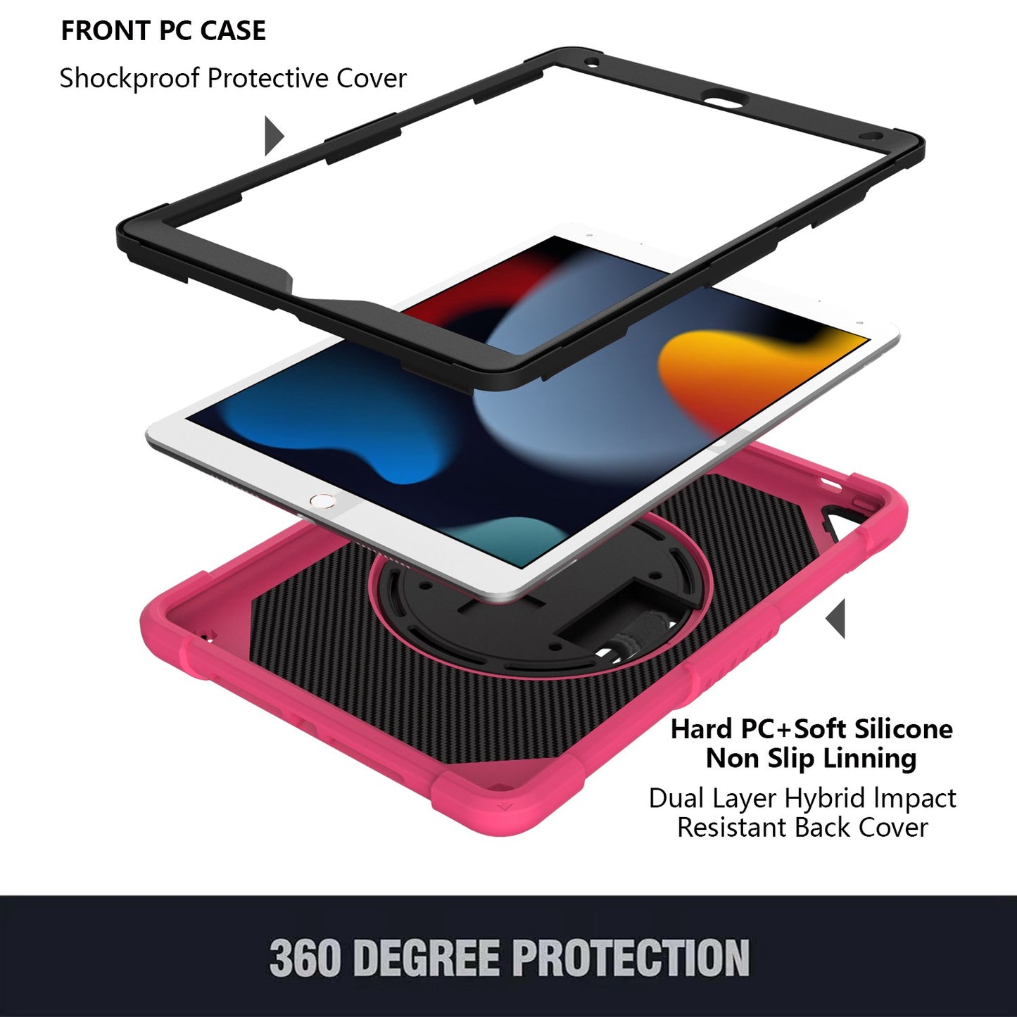 For 3-in-1 Tough Hybrid Shockproof Protector Silicone TPU with Pencil Holder, Kickstand, Hand & Shoulder Strap Hot Pink Tablet Case Cover