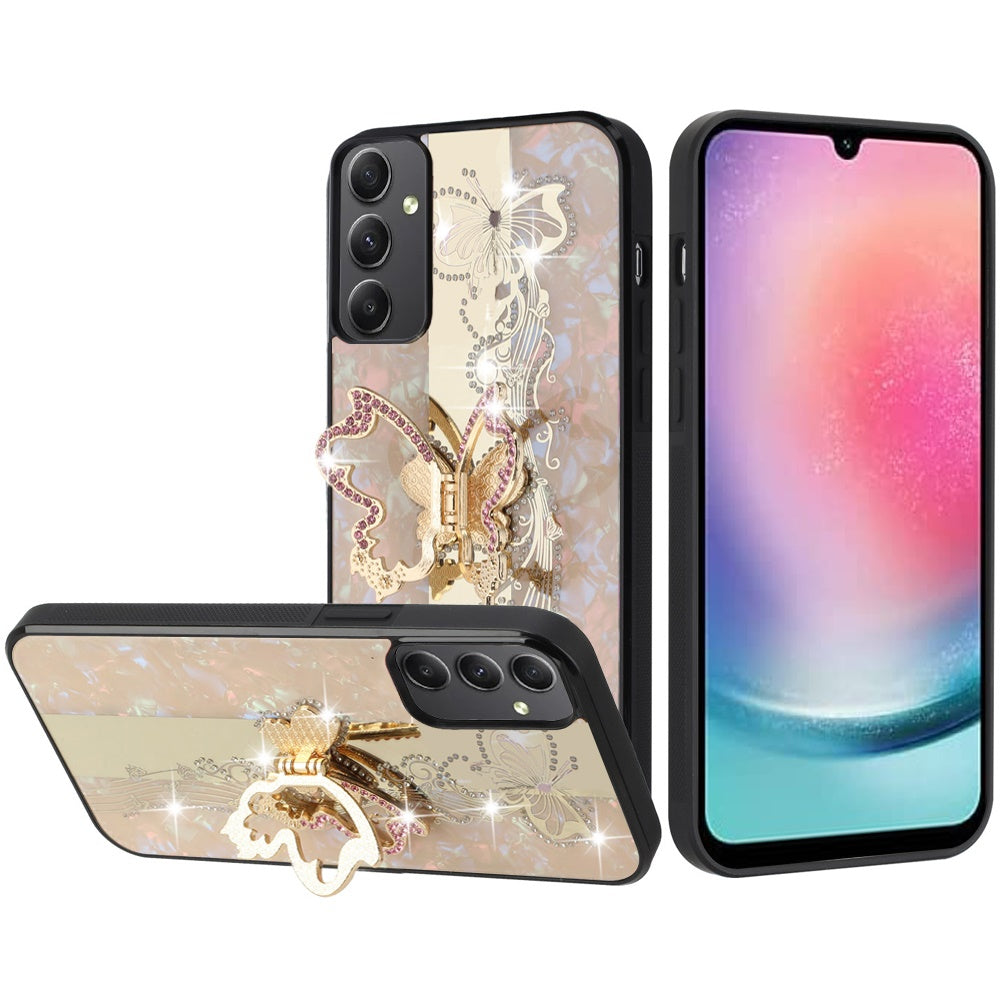 For Motorola Moto G 5G 2025 Diamonds 3D Butterfly Bling Sparkly Glitter Ornaments Engraving Hybrid with Stand Fashion Case Cover Enchanted Butterfly Gold