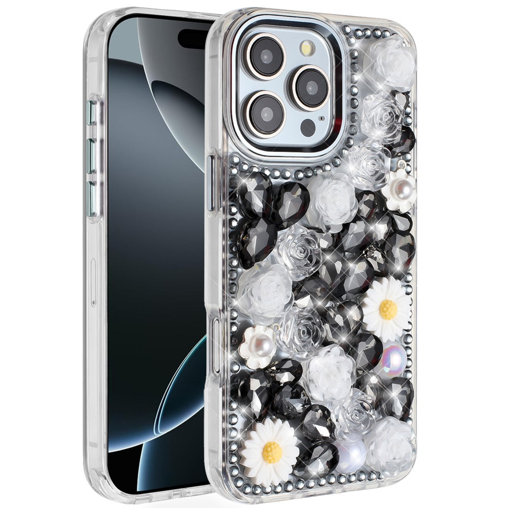 Phone Case for Apple iPhone 16 Pro Max Full Bling Rhinestone Glitter Floral Luxury Hybrid Shockproof Stylish Sparkling Protective Designer Ornament Cover