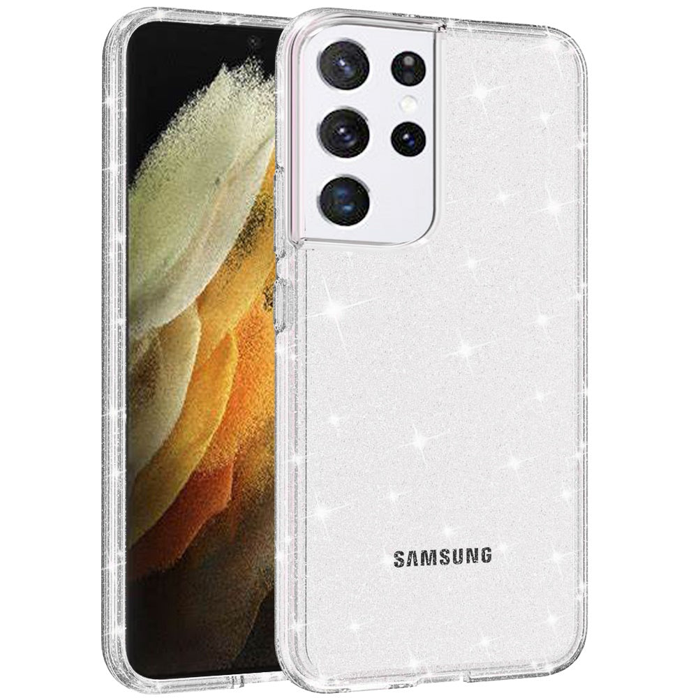 Phone Case for Samsung Galaxy S21 Ultra Glitter Transparent Shockproof Thick Clear Hybrid Slim Fit Heavy Duty 3mm TPU Protective Bumper Cover Clear