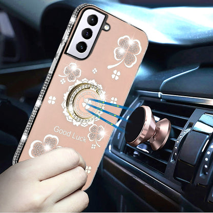 For Samsung Galaxy S22 Diamonds Bling All Around Edges Sparkly Glitter Hybrid with Ring Stand Holder Fashion Good Luck Case Cover