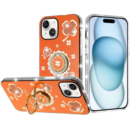 For Apple iPhone 15 Diamonds Bling All Around Edges Sparkly Glitter Hybrid with Ring Stand Holder Fashion Good Luck Case Cover Cosmic Orange
