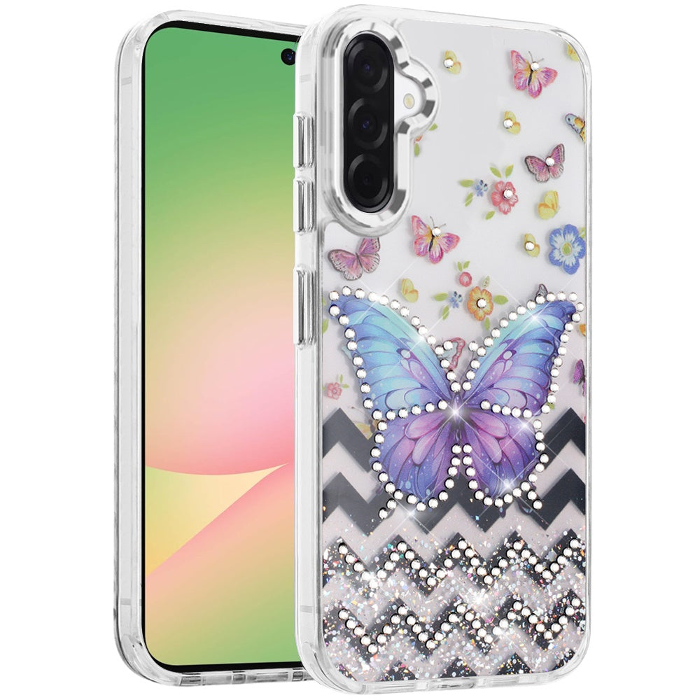For Samsung Galaxy A57 Butterfly Resin Epoxy Diamond Design Metal Edged Hybrid Shockproof Heavy Duty Drop Protection Case Cover