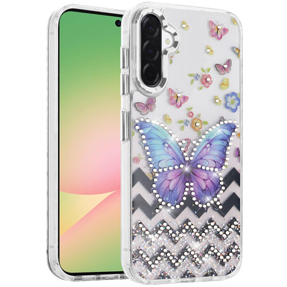 For Samsung Galaxy A57 Butterfly Resin Epoxy Diamond Design Metal Edged Hybrid Shockproof Heavy Duty Drop Protection Case Cover