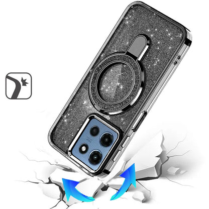 For Motorola Moto G 5G 2025 Transparent Glitter Bling Case with Rotating Magnetic Ring Stand, Shockproof Hybrid Case Cover