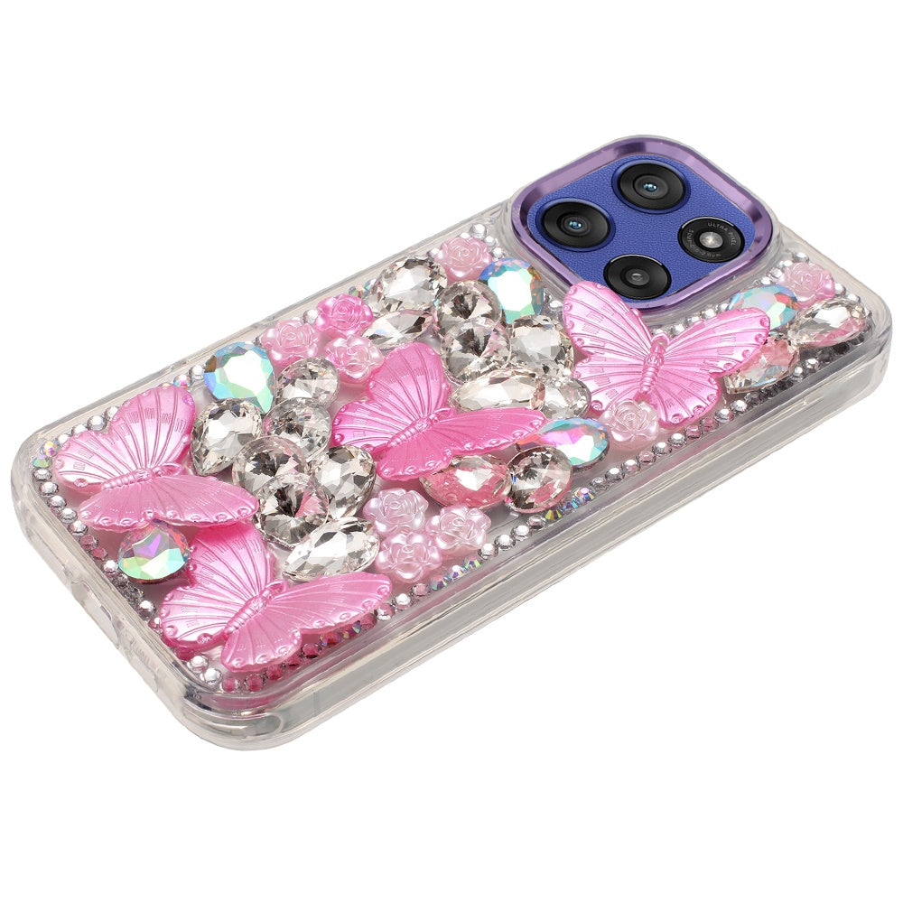 For Motorola Moto G Stylus 5G 2025 3D Diamond Floral Butterfly Bling Stone Hybrid, Sparkly Rhinestone Gemstone Back Shockproof Case Cover