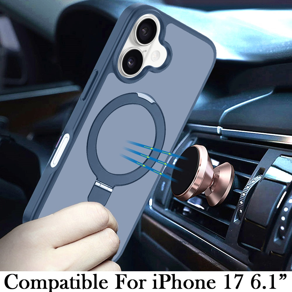 Phone Case for Apple iPhone 17 Magnetic Ring Stand Full Rotation Matte Shockproof Grip Anti Slip Durable Camera Protection Hybrid Cover Blue