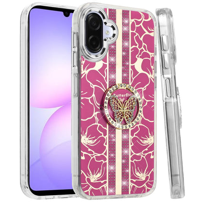 For Samsung Galaxy A07 Diamonds 3D Butterfly Floral Design Bling Sparkly Glitter Hybrid Metal Fashion with Ring Stand Case Cover