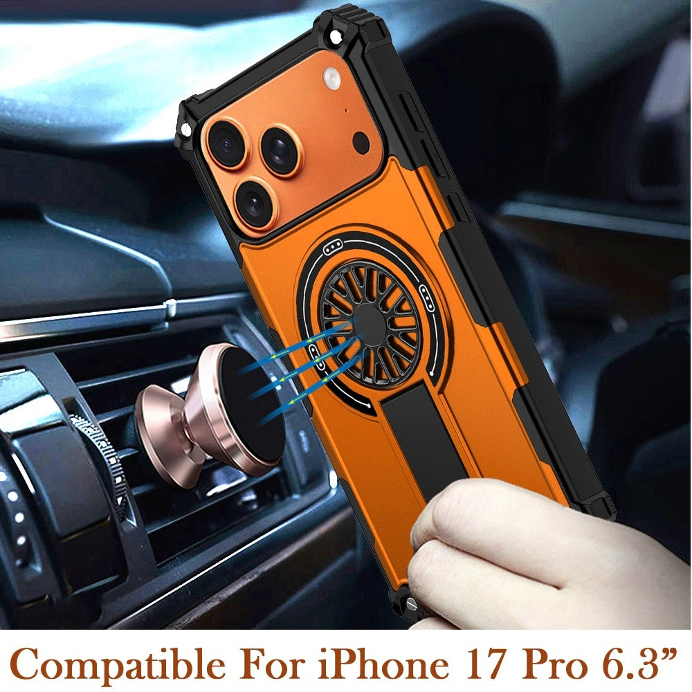 For Apple iPhone 17 Pro (6.3") Texture Design Invisible Kickstand Case, MagSafe Compatible Hybrid Shockproof Cover, Car Mount Friendly Case Cover Cosmic Orange