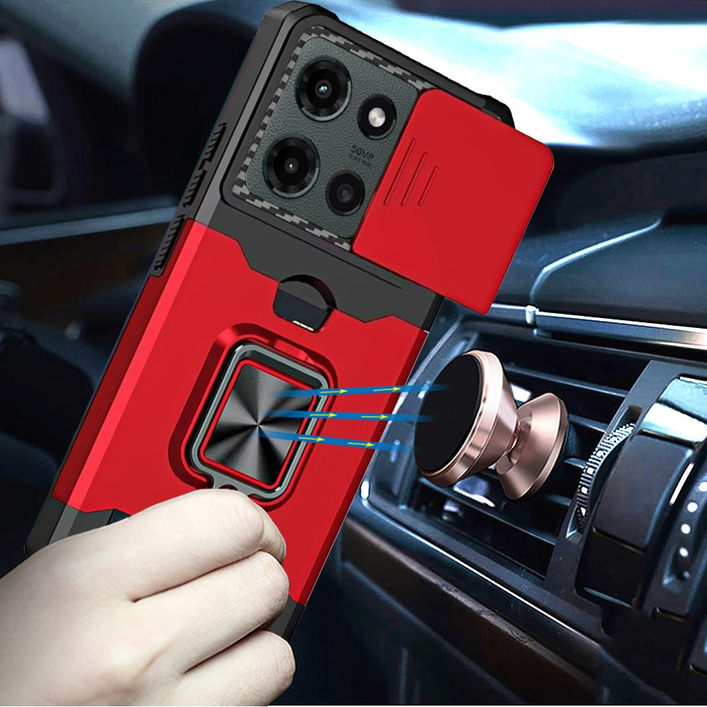 For Motorola Edge 2025 Wallet with Ring Stand & Slide Camera Cover Back Credit Card Slot Holder, Hard Shockproof Case Cover Red