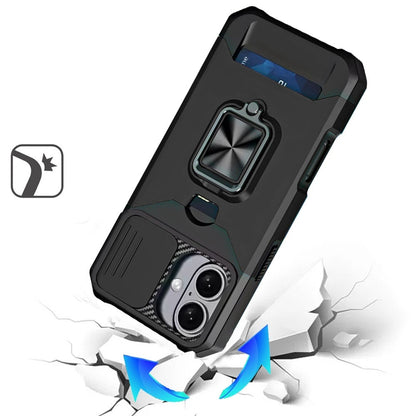 For Apple iPhone 17 (6.3") Wallet Case with Ring Stand & Slide Camera Cover Back Credit Card Slot Holder, Military Grade Case Cover