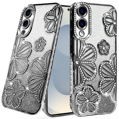 For Samsung Galaxy S25 Edge Luxury Flower Design Sparkle Glitter Diamond Rhinestone Shimmer Bling Plating Thick TPU Hard PC Case Cover